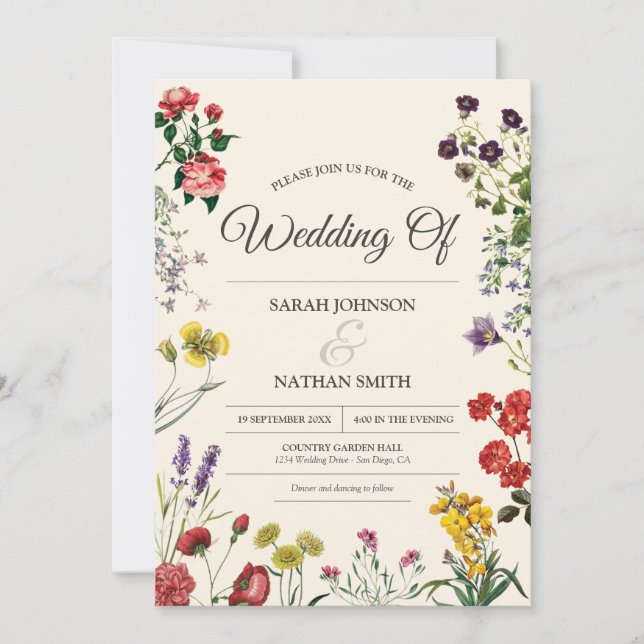 Vintage botanische Blume Einladung zur Hochzeit (Vorderseite)