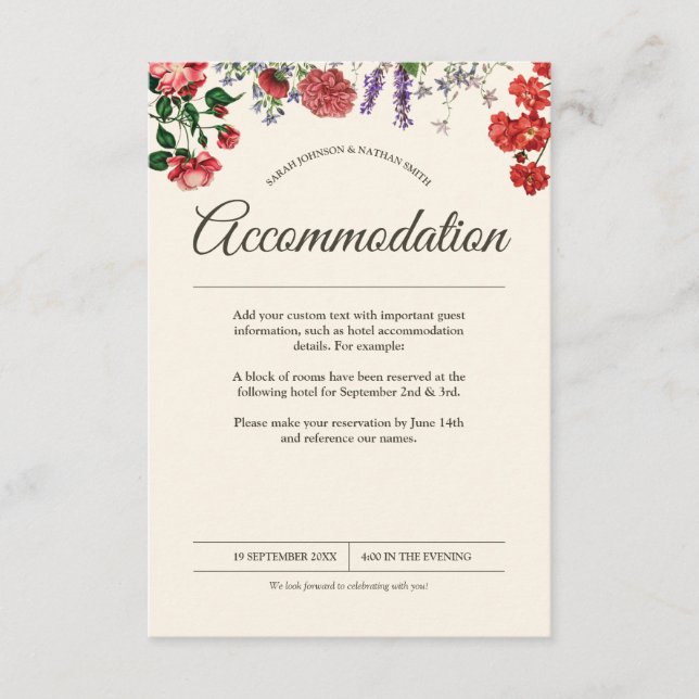 Vintage botanische Blume Hochzeitsunterkunft Begleitkarte (Vorderseite)