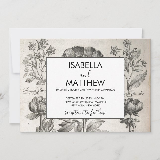 Vintage botanische Blume in Schwarz-Weiß Einladung (Vorderseite)