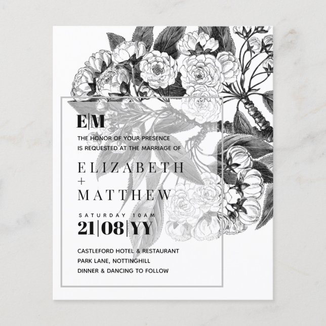 Vintage botanische Blume Linart Hochzeit Einladung (Vorderseite)