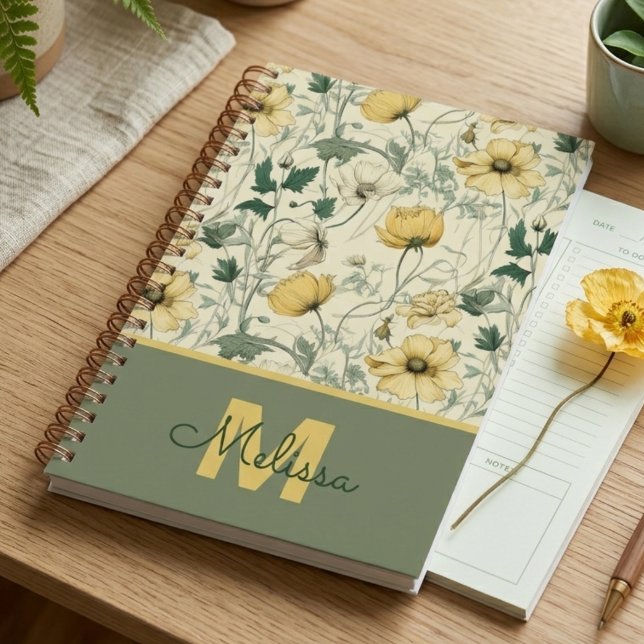 Vintage Botanische Blüten in Gold Planer (Golden botanical planner with name and initial, a self-care essential for staying organized)