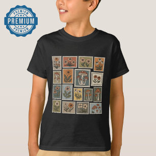 Vintage botanische Briefmarke mit Blume und Pilzen T-Shirt