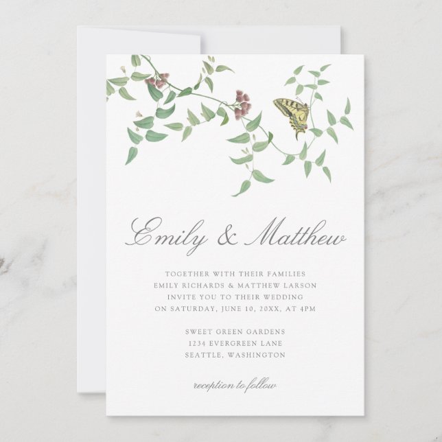 Vintage Botanische Butterfly-Hochzeit Einladung (Vorderseite)