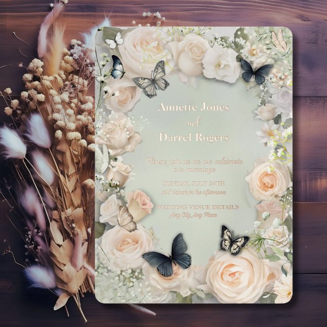 Vintage Botanische Butterfly-Hochzeit Folieneinladung (Von Creator hochgeladen)