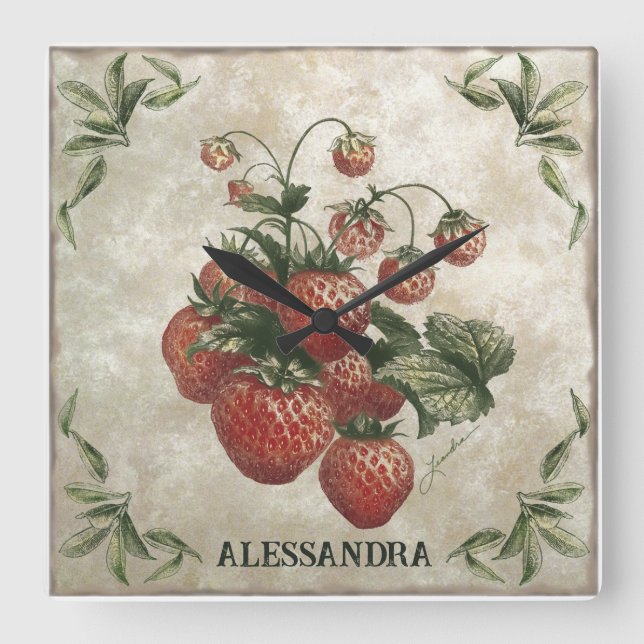 Vintage botanische Erdbeeren Quadratische Wanduhr (Vorderseite)