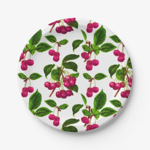 Vintage botanische Fuchsia-Rosa-Kirschen drucken Pappteller
