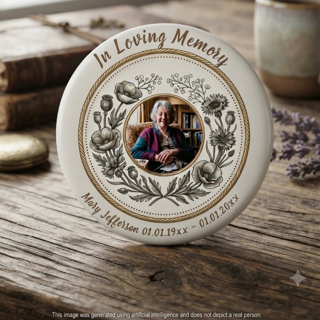 Vintage Botanische Gedenkfeier des Lebens Button (Vintage floral memorial photo button for a grieving family to wear at a celebration of life service.)