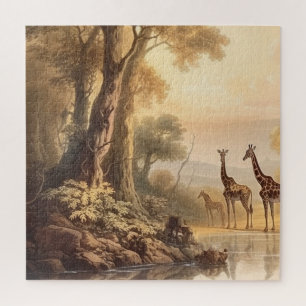 Vintage botanische Giraffenlandschaft am Fluss