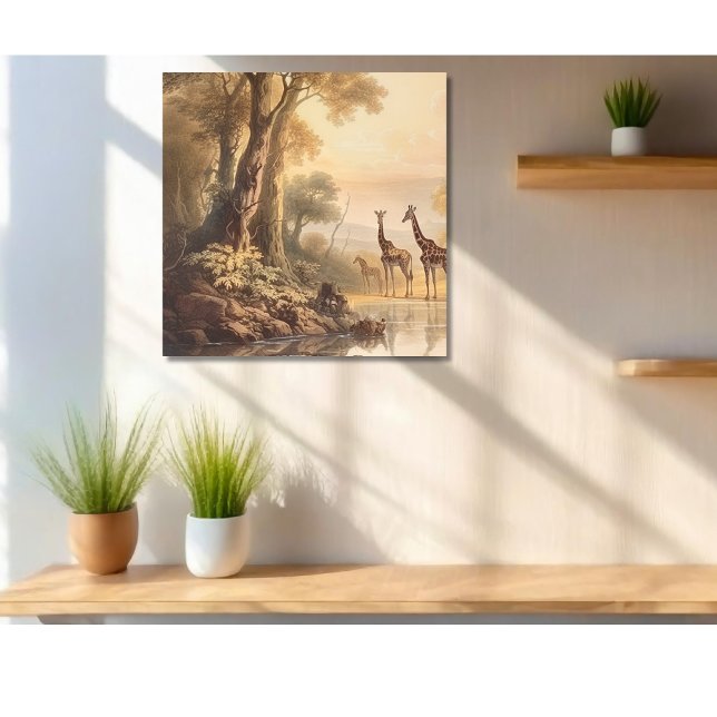 Vintage botanische Giraffenlandschaft am Fluss Leinwanddruck (Von Creator hochgeladen)