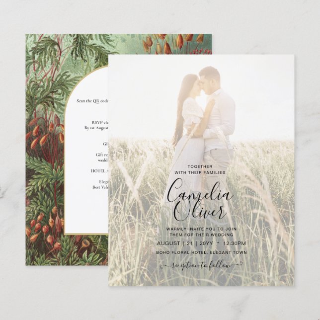 Vintage Botanische Grüne Terrakotta Hochzeit einla (Vorne/Hinten)