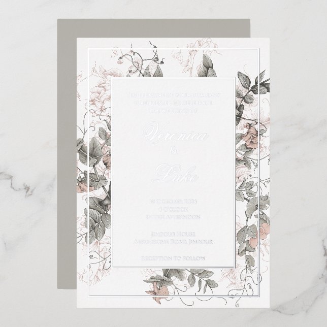 Vintage Botanische Hochzeit Folieneinladung (Vorderseite/Rückseite)