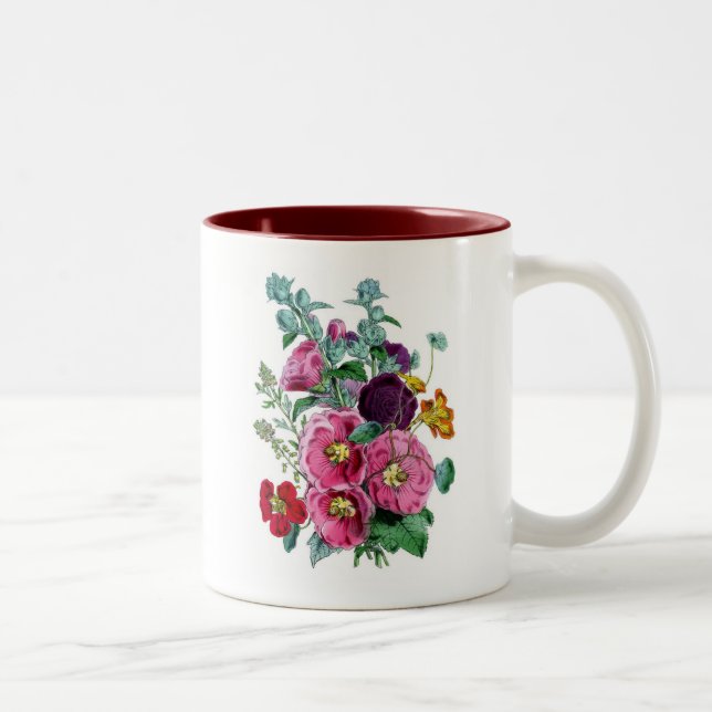 Vintage botanische Illustrationen Hollyhocks Zweifarbige Tasse (Rechts)
