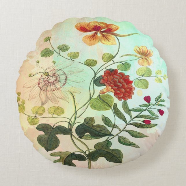 Vintage botanische Illustrations-Blumen-mit Rundes Kissen (Vorderseite)