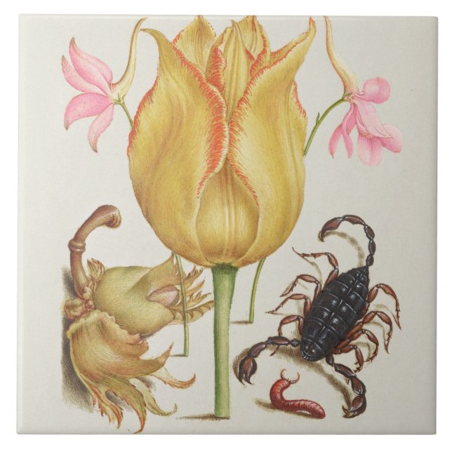 Vintage botanische Keramik Fliese (Vorderseite)