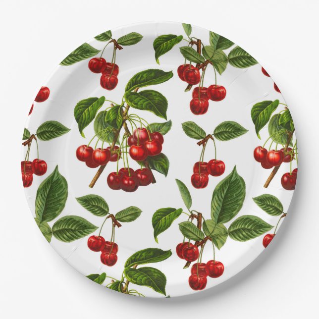 Vintage Botanische Kirschen Pappteller (Vorderseite)