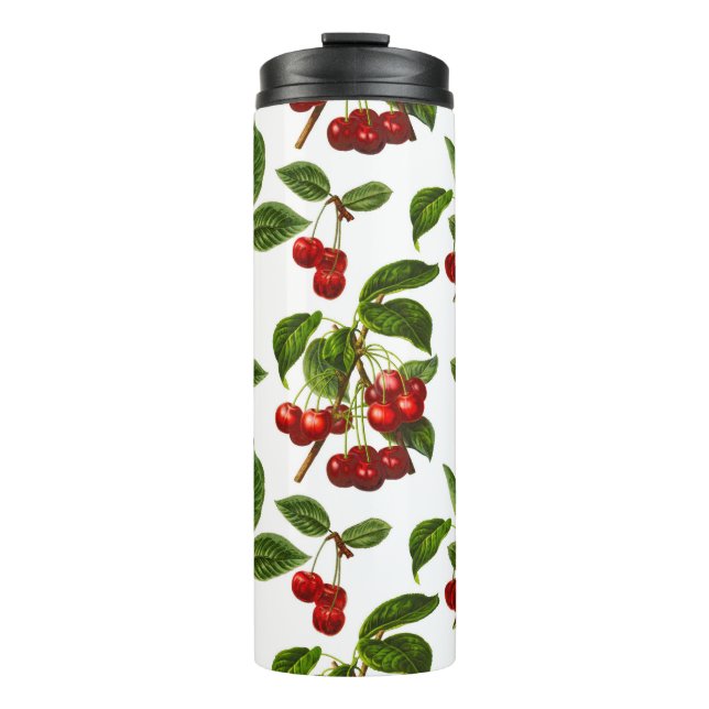 Vintage Botanische Kirschenausdruck Thermosbecher (Vorderseite)