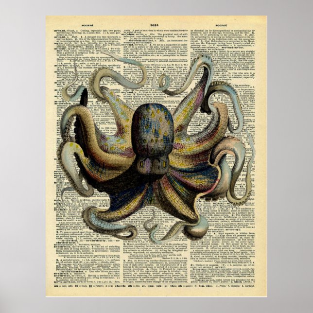 Vintage botanische Oktopuskunstwörterbuchseite Poster (Vorne)
