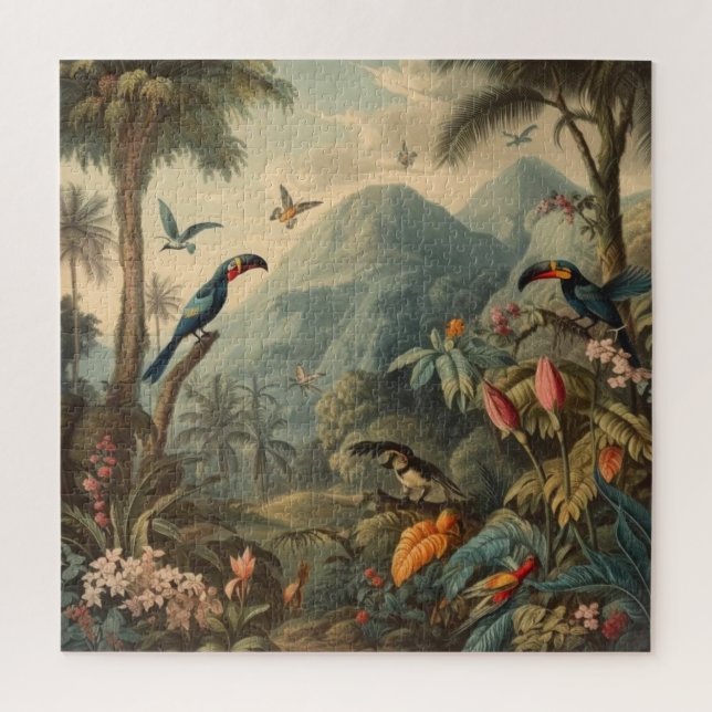 Vintage botanische Papageienlandschaft und Blume (Vertikal)