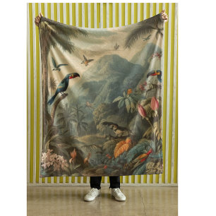 Vintage botanische Papageienlandschaft und Blume Fleecedecke