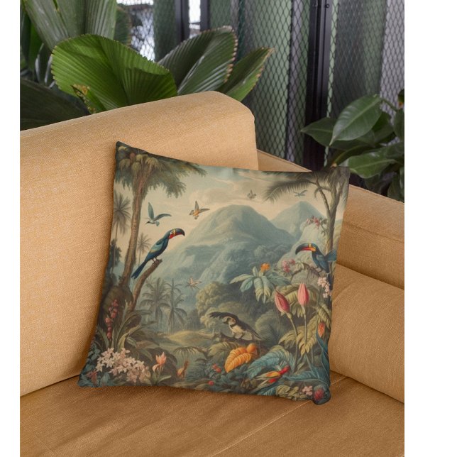 Vintage botanische Papageienlandschaft und Blume Kissen (Von Creator hochgeladen)