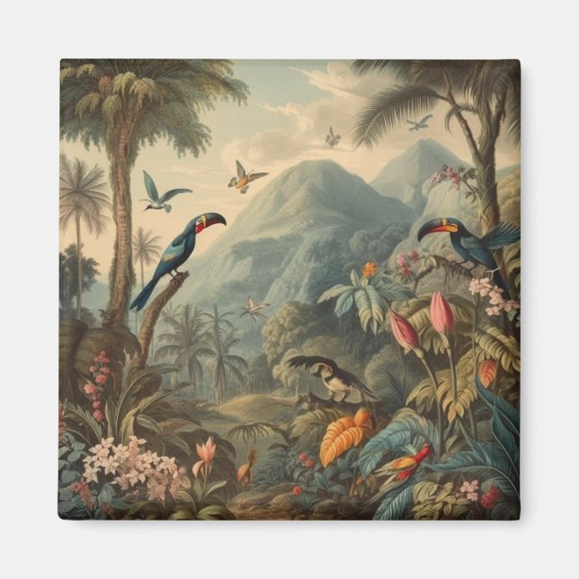 Vintage botanische Papageienlandschaft und Blume Magnet (Vorne)