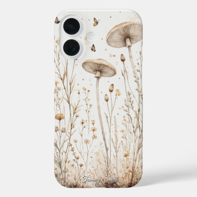 Vintage botanische Pilze und Wildblumen iPhone 16 Hülle (Rückseite)