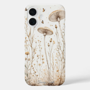 Vintage Botanische Pilze & Wildblumen iPhone 16 Hülle