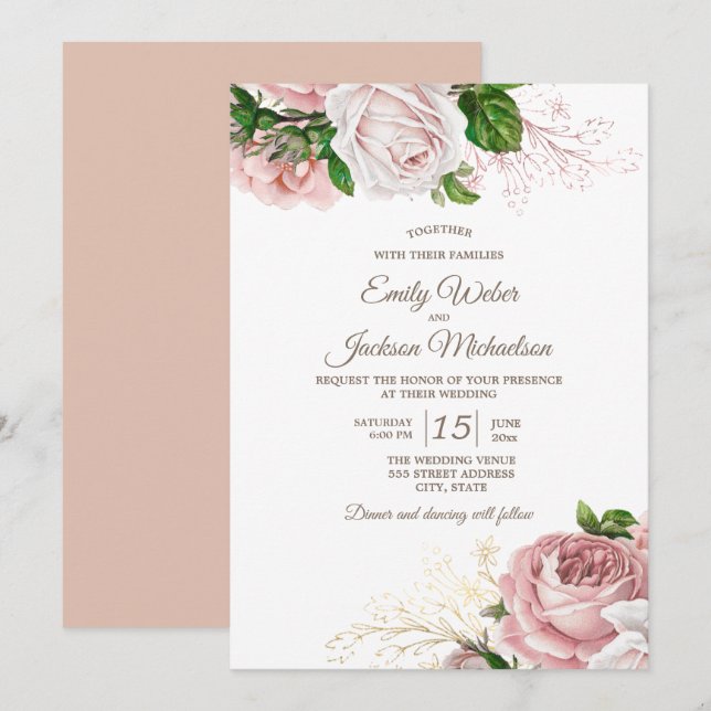 Vintage Botanische Rosa Rose Weiße Hochzeit Einladung (Vorne/Hinten)