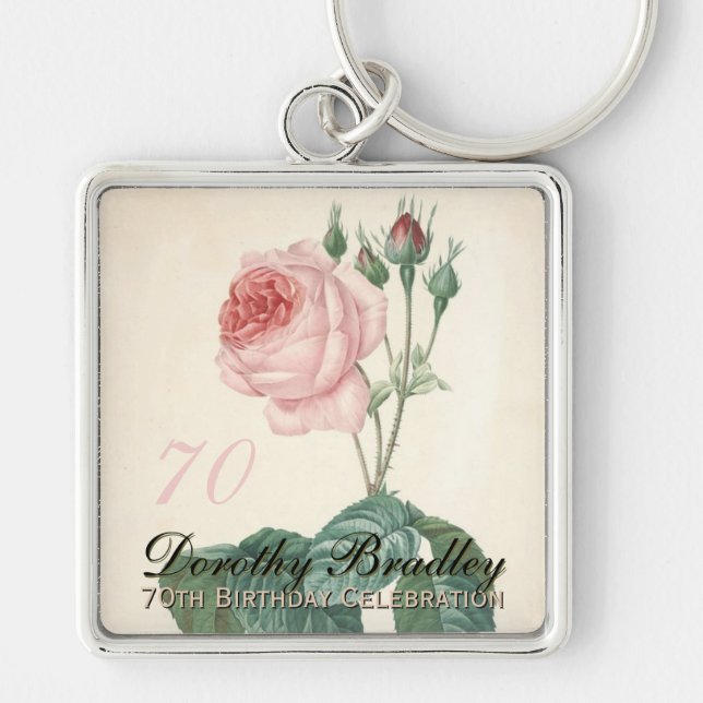 Vintage botanische Rose 70. Geburtstag SqK Schlüsselanhänger (Vorne)