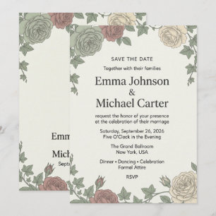 Vintage Botanische Rose & Efeu Hochzeit Save the D Date