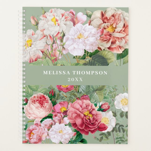 Vintage botanische Rose Pastellgrün und rosa Planer (Vorderseite)