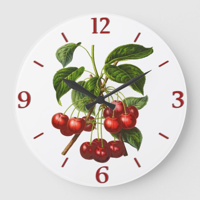 Vintage Botanische Rotkirschen Große Wanduhr (Vorderseite)