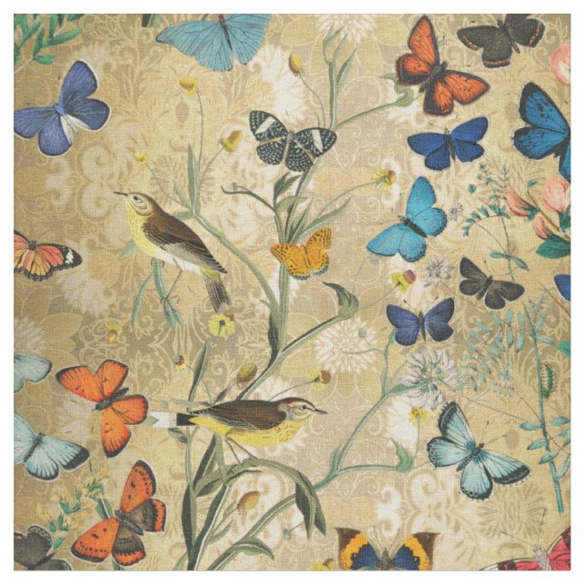 Vintage Botanische Schmetterlinge Stoff (Nahaufnahme)