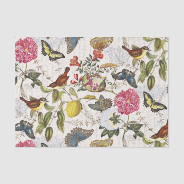 Vintage botanische Schmetterlinge und Vogelgewebe Seidenpapier (Vorderseite)