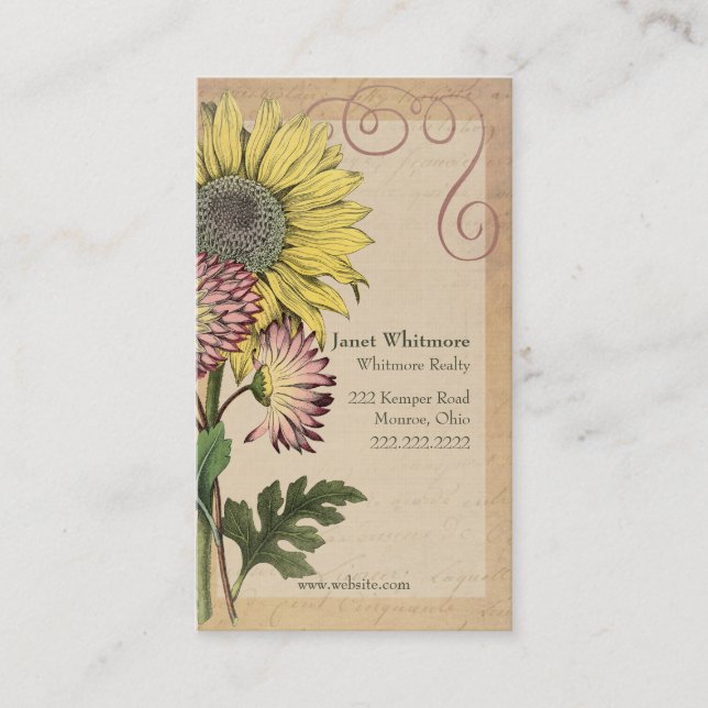 Vintage botanische Sonnenblume Visitenkarte (Vorderseite)