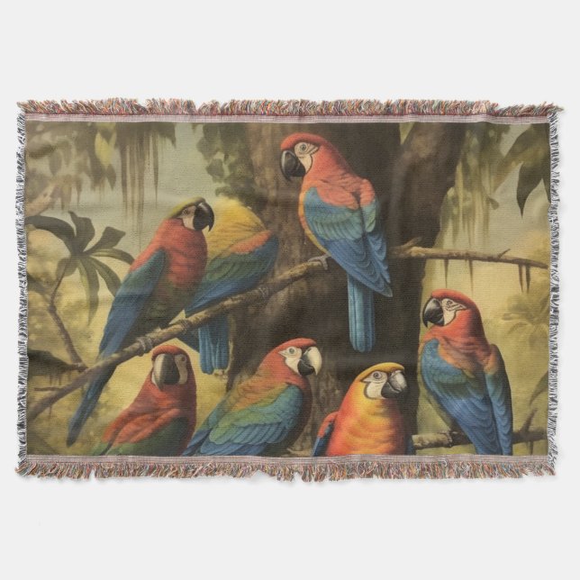 Vintage botanische Szene bunte Papageien in einem  Decke (Vorderseite)