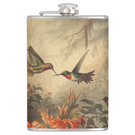 Vintage botanische Szene von Kolibris und Blume Flachmann