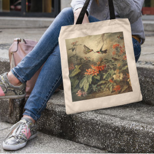 Vintage botanische Szene von Kolibris und Blume Tragetasche