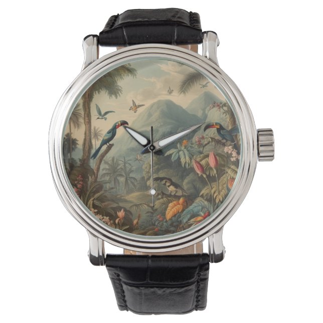 Vintage botanische Szene von Toucans und Blume Armbanduhr (Vorderseite)