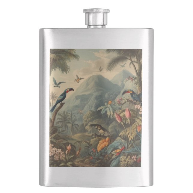 Vintage botanische Szene von Toucans und Blume Flachmann (Vorderseite)