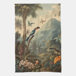Vintage botanische Szene von Toucans und Blume Geschirrtuch