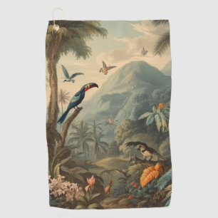 Vintage botanische Szene von Toucans und Blume Golfhandtuch