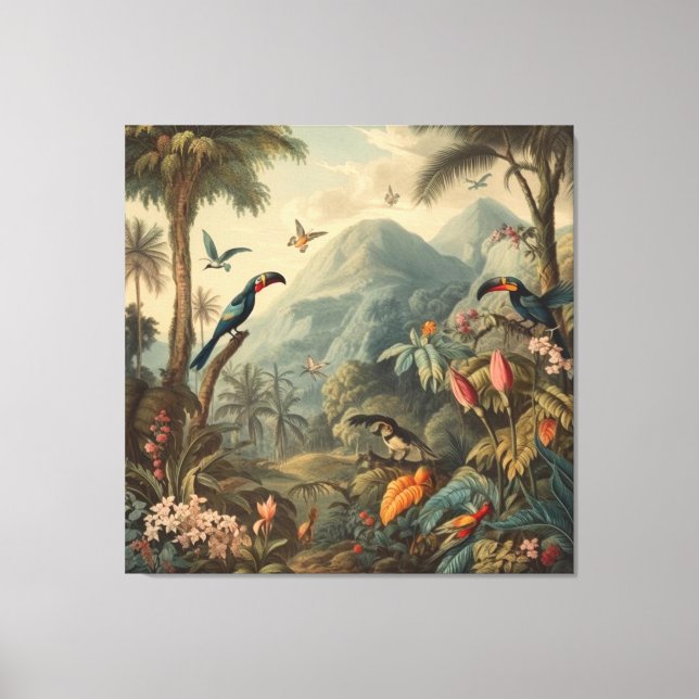 Vintage botanische Szene von Toucans und Blume Leinwanddruck (Vorderseite)