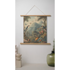 Vintage botanische Szene von Toucans und Blume Wandteppich Mit Holzrahmen