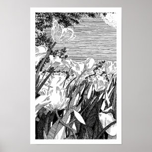 Vintage botanische Tulpenfeld-Linienkunstzeichnung Poster
