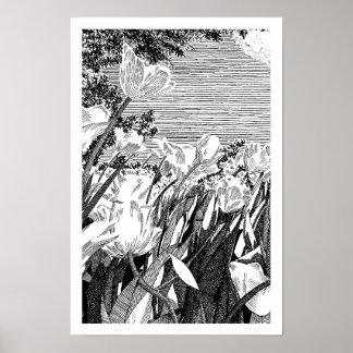 Vintage botanische Tulpenfeld-Linienkunstzeichnung Poster