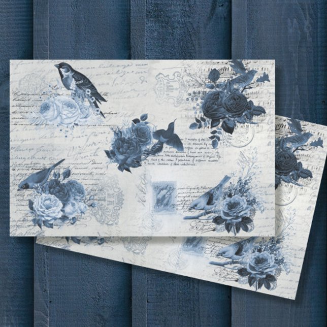 Vintage botanische Vögel Blaue Blumen Decoupage Ti Seidenpapier (Von Creator hochgeladen)
