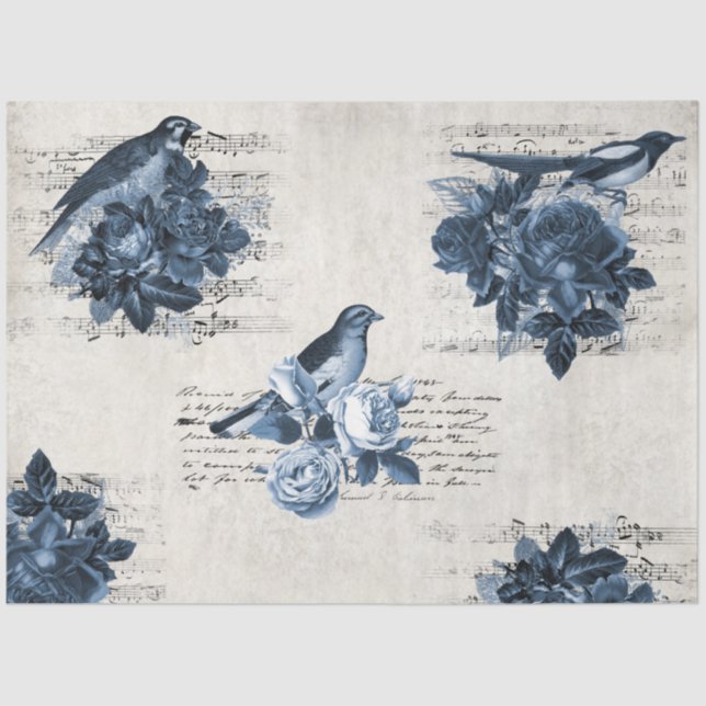 Vintage botanische Vögel Blaue Entdeckungsreise Seidenpapier (Vorderseite)