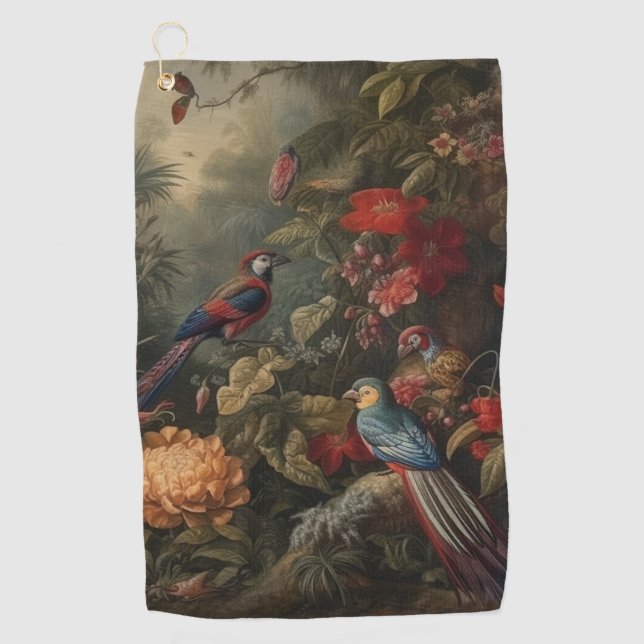 Vintage botanische Vogelarten Blume im Paradies Golfhandtuch (Vorderseite)