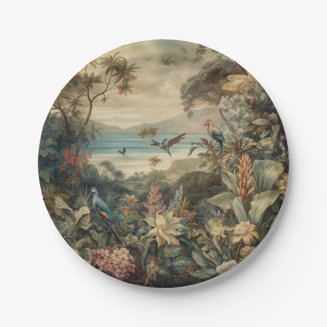 Vintage botanische Vogelarten Blume im Paradies Pappteller (Vorderseite)